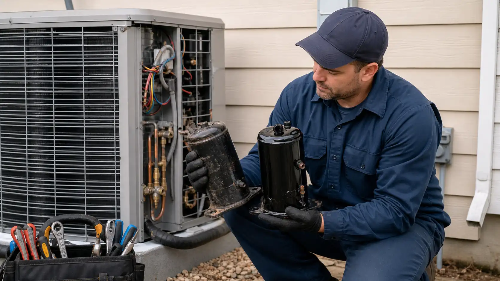 AC compressor replacement vs. repair as an HVAC technician compares a damaged compressor with a new replacement unit