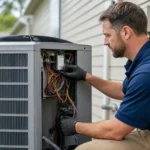 Can an AC Compressor Be Repaired? HVAC technician inspecting the wiring and components of an outdoor residential AC unit
