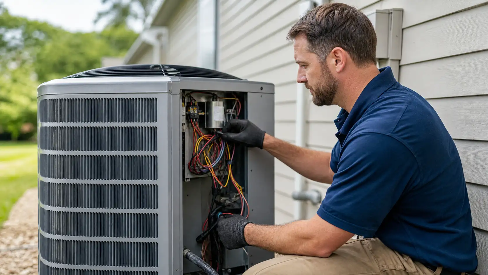 Can an AC Compressor Be Repaired? HVAC technician inspecting the wiring and components of an outdoor residential AC unit