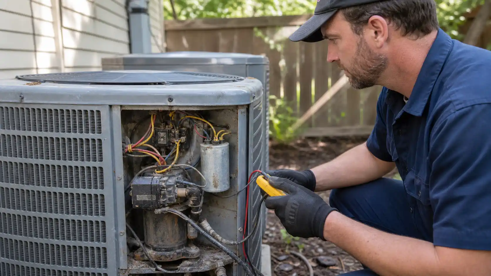 HVAC technician inspecting an outdoor AC compressor while checking electrical components for signs of a bad AC compressor