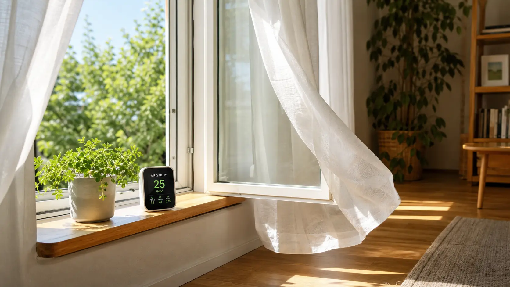 How to reduce HCHO in the home: an open window with fresh air and a monitor showing a "Good" air quality reading of 25 on a sunny sill. (138)