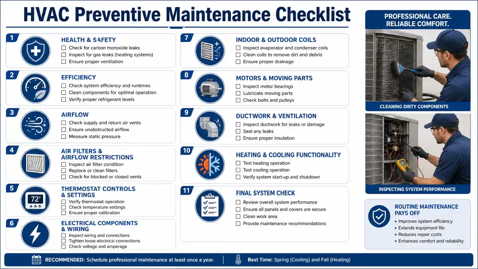 HVAC preventive maintenance checklist showing key inspections for airflow, filters, coils, electrical components, ductwork, and system performance.