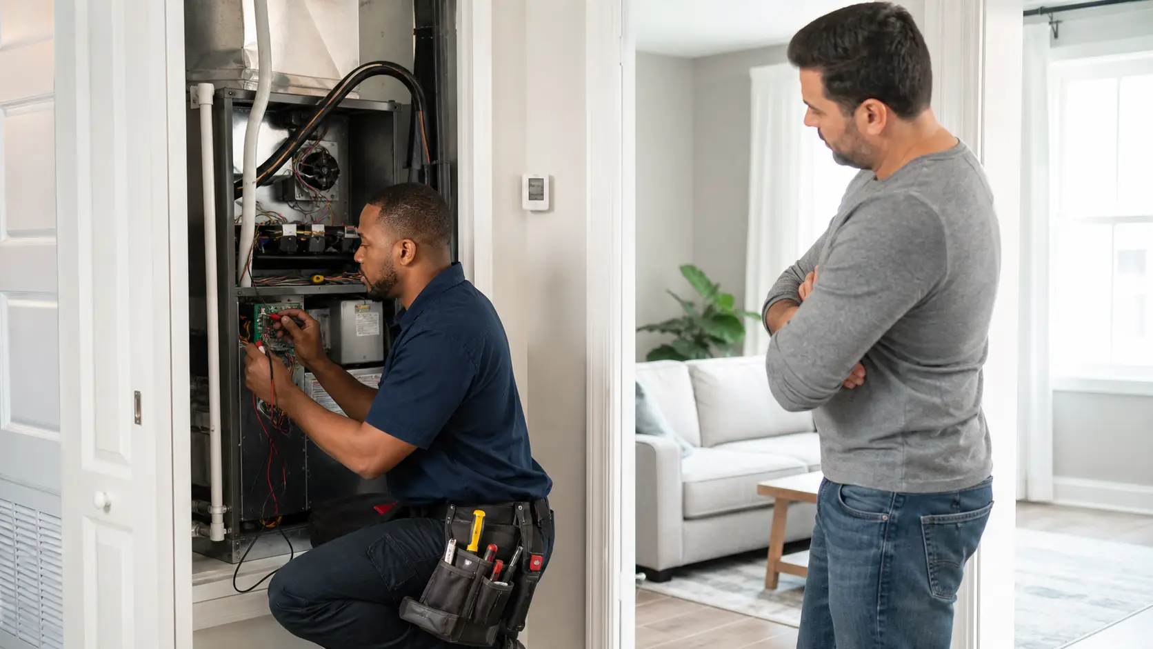 HVAC technician inspecting a residential heating and cooling system during a professional maintenance visit while a homeowner observes the service.