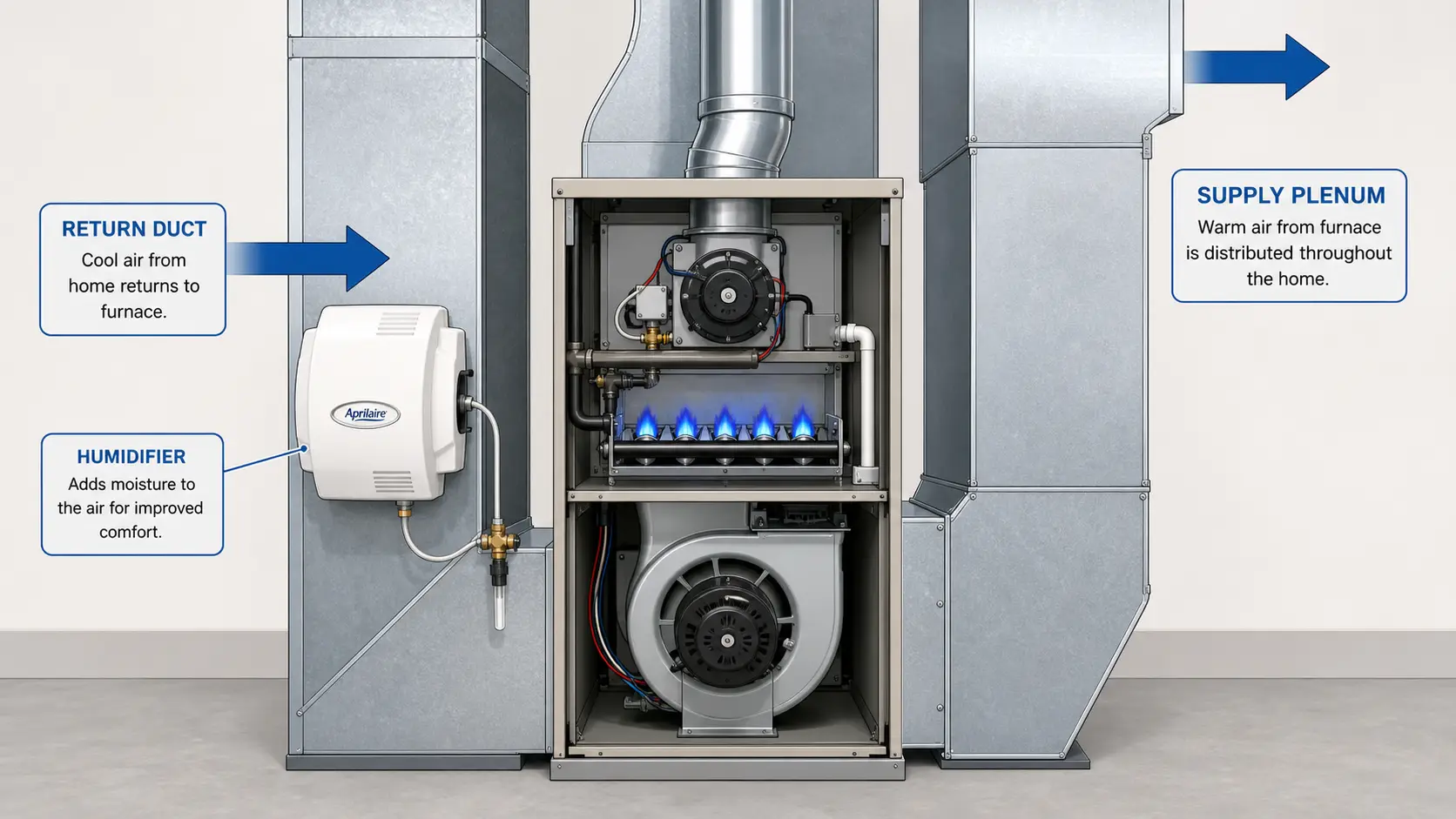 Cutaway diagram of a furnace showing return duct vs supply plenum humidifier placement, with an Aprilaire unit mounted on the return duct.