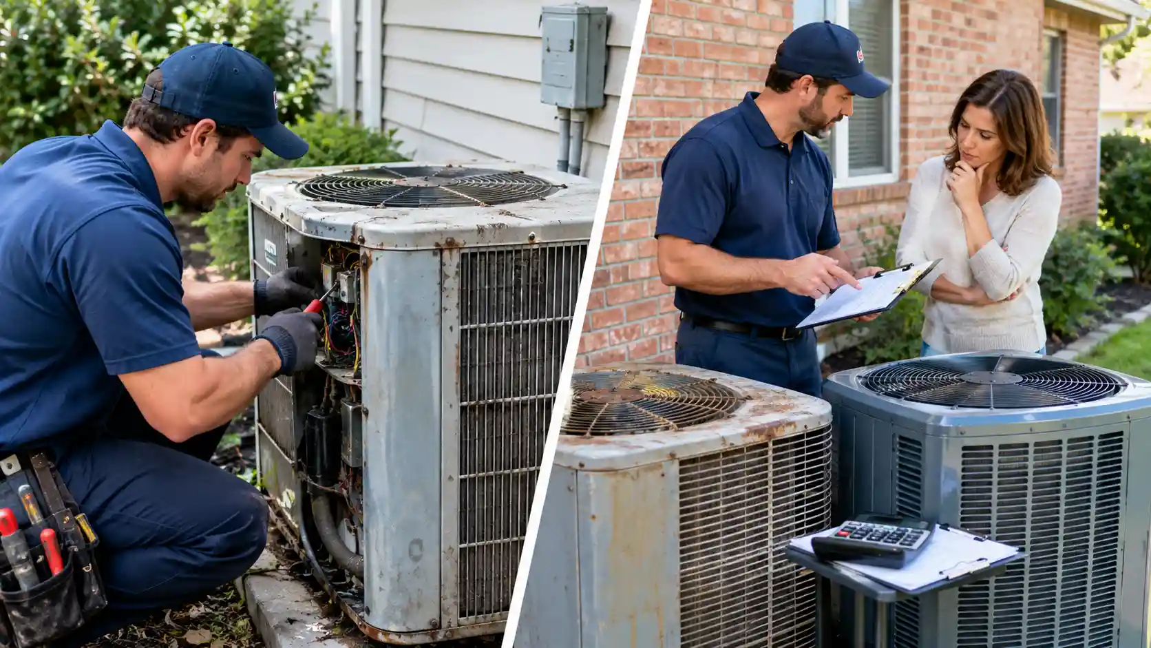 Split screen showing technician repairing old unit and explaining Signs You May Need to Replace Your HVAC System.