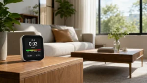 What is HCHO in air quality? A digital monitor on a wooden table shows a safe 0.02 mg/m³ HCHO reading in a bright living room. (130)