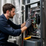What Is HVAC Preventive Maintenance: technician inspecting electrical components inside a residential HVAC system during routine service and care.