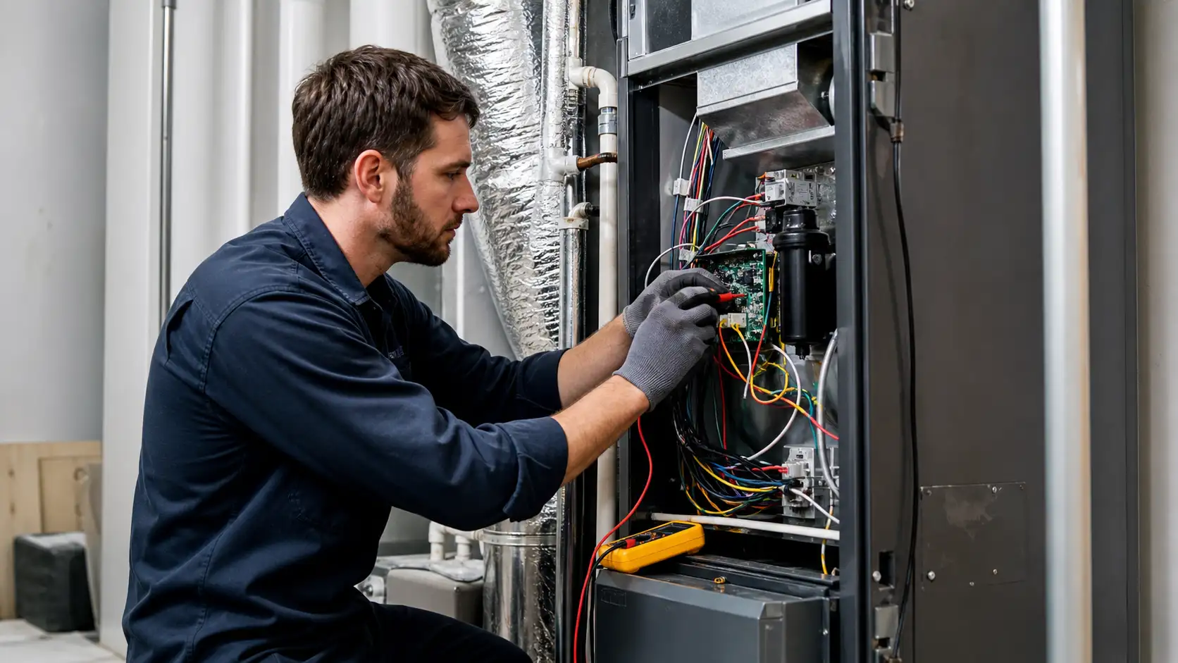 What Is HVAC Preventive Maintenance: technician inspecting electrical components inside a residential HVAC system during routine service and care.