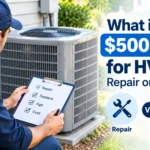 Technician holding a checklist near an outdoor AC unit explaining what is the $5000 rule for HVAC.
