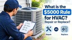 Technician holding a checklist near an outdoor AC unit explaining what is the $5000 rule for HVAC.