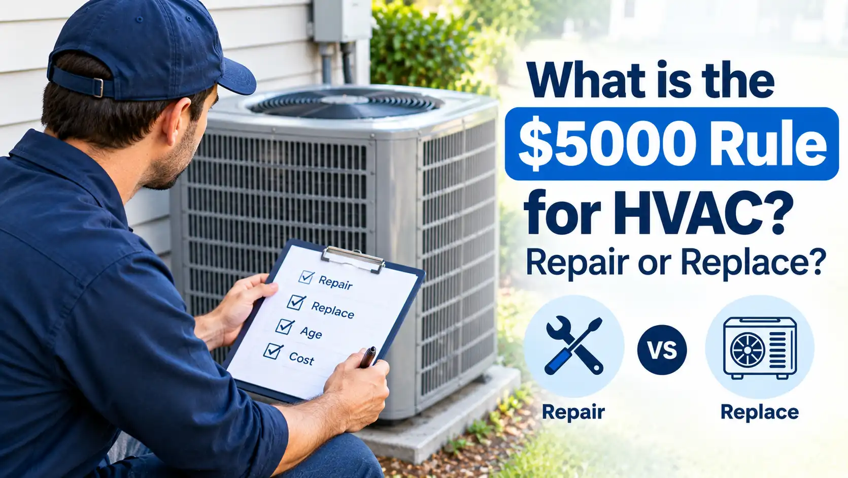 Technician holding a checklist near an outdoor AC unit explaining what is the $5000 rule for HVAC.