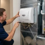 Where do I install whole home humidifier: technician mounting an Aprilaire unit on return ductwork beside a Lennox furnace in a basement utility room.