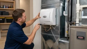 Where do I install whole home humidifier: technician mounting an Aprilaire unit on return ductwork beside a Lennox furnace in a basement utility room.