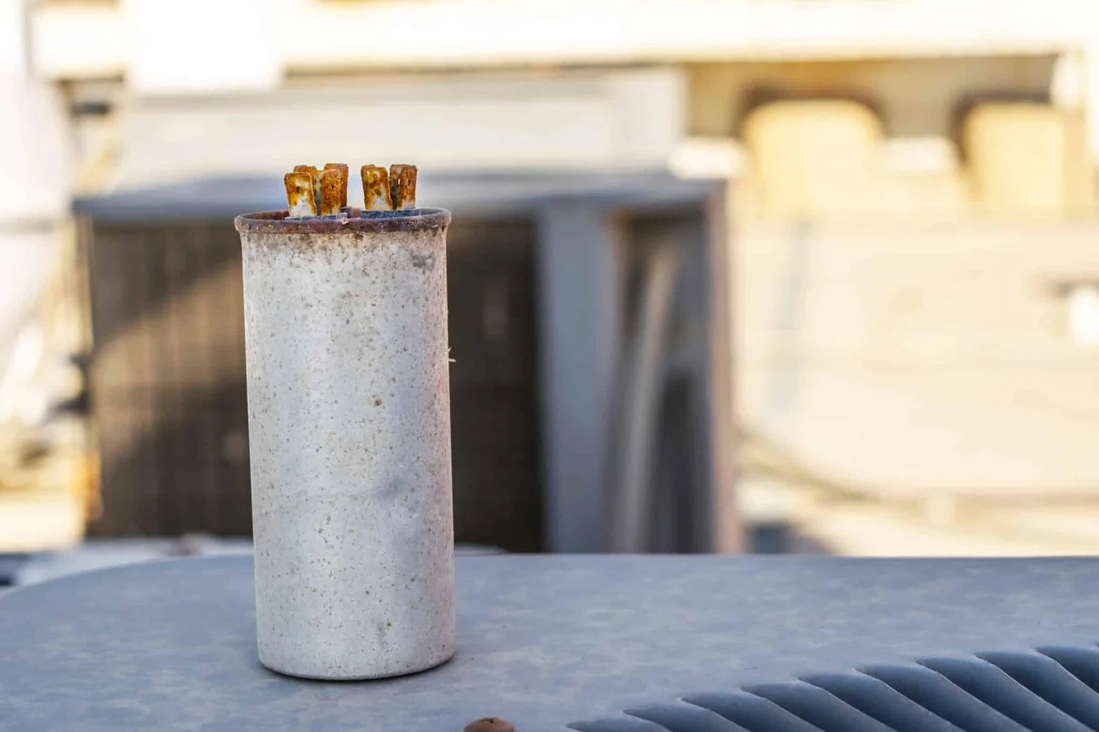 AC capacitor failure symptoms showing a corroded and deteriorated air conditioner capacitor