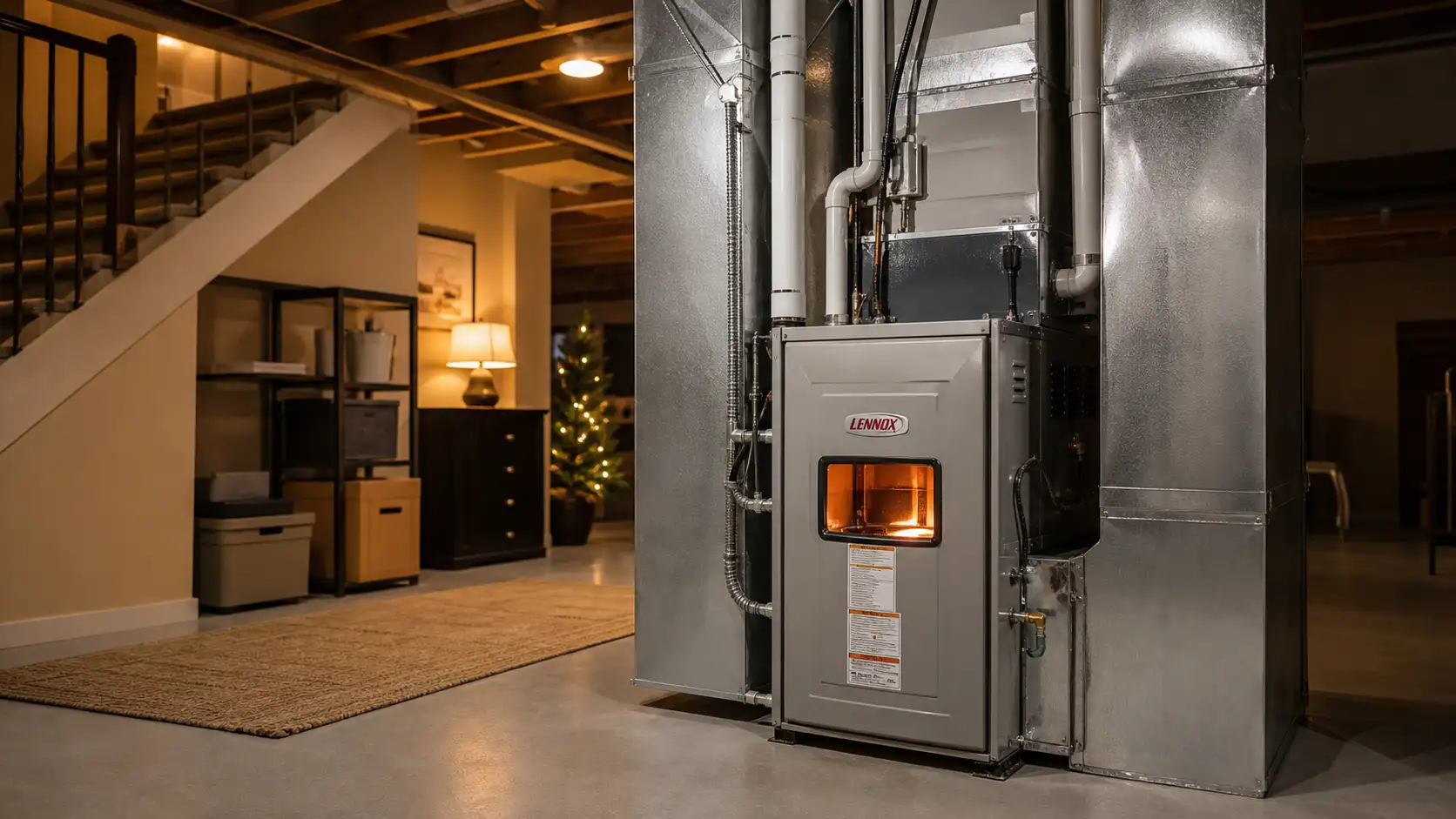 How Does a Furnace Work? A gas furnace glowing with flame sits in a home basement, connected to metal ductwork and vents.