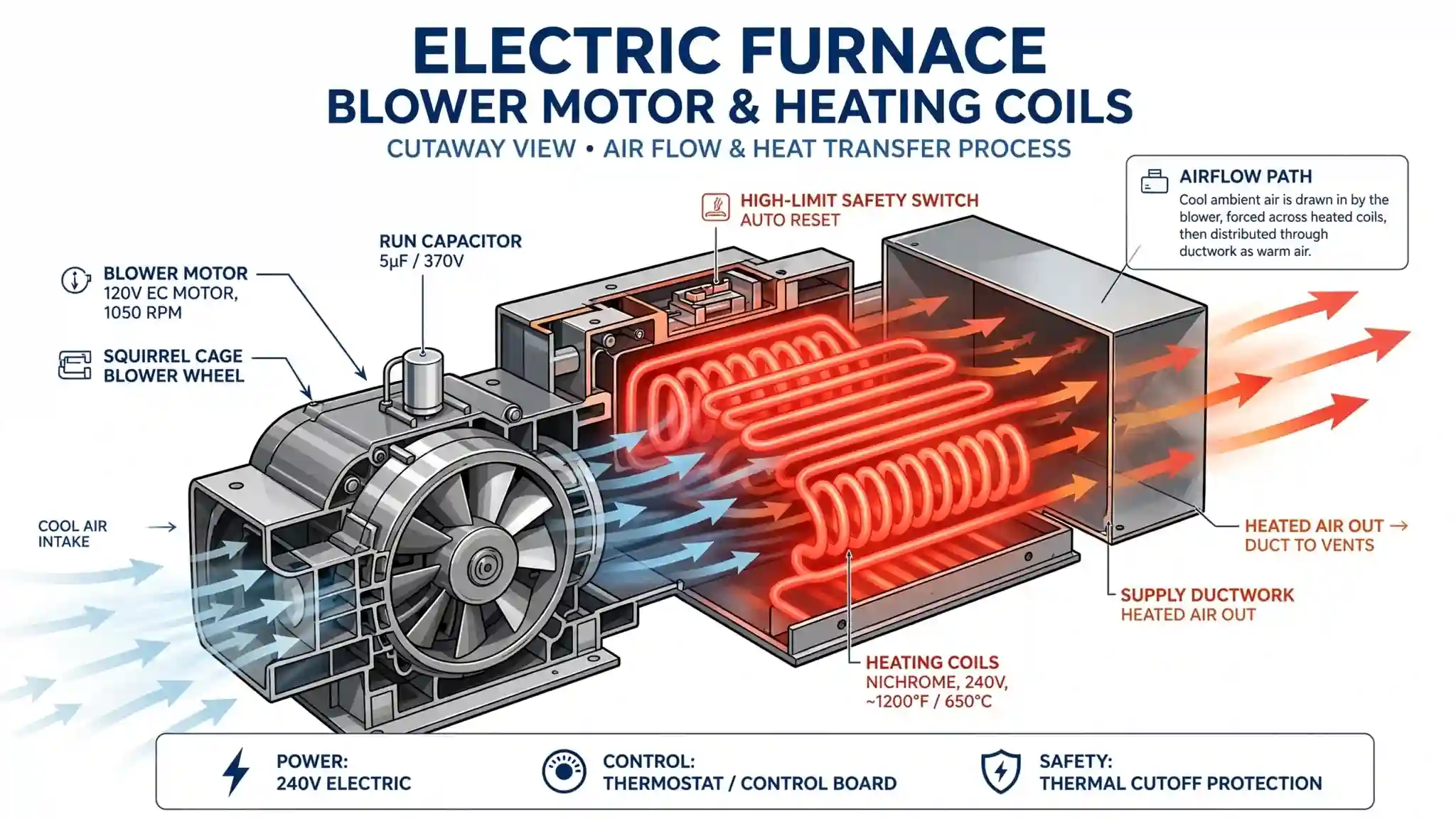 Cutaway diagram of an electric furnace showing the blower motor, glowing heating coils, high-limit safety switch, and warm air path.