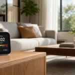 What is HCHO in air quality? A digital monitor on a wooden table shows a safe 0.02 mg/m³ HCHO reading in a bright living room. (130)