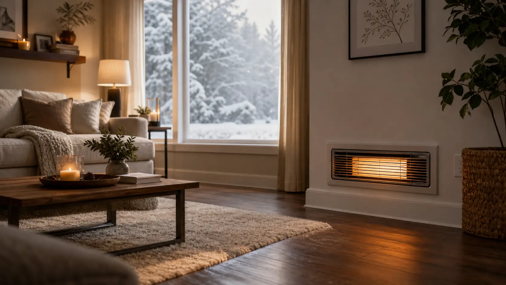 Why is My Furnace not Heating my House? A warm living room glows from a wall furnace, while snow-covered trees are seen outside.