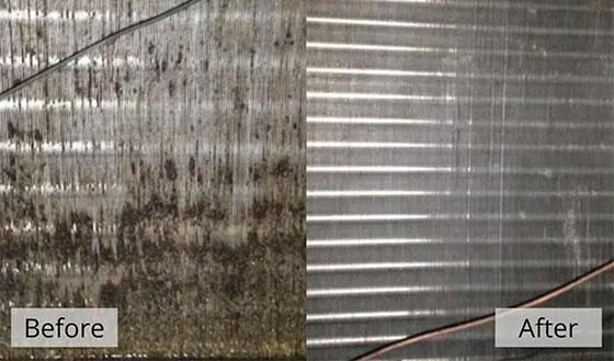 Before and after comparison of cleaned AC coils during professional tune-up service