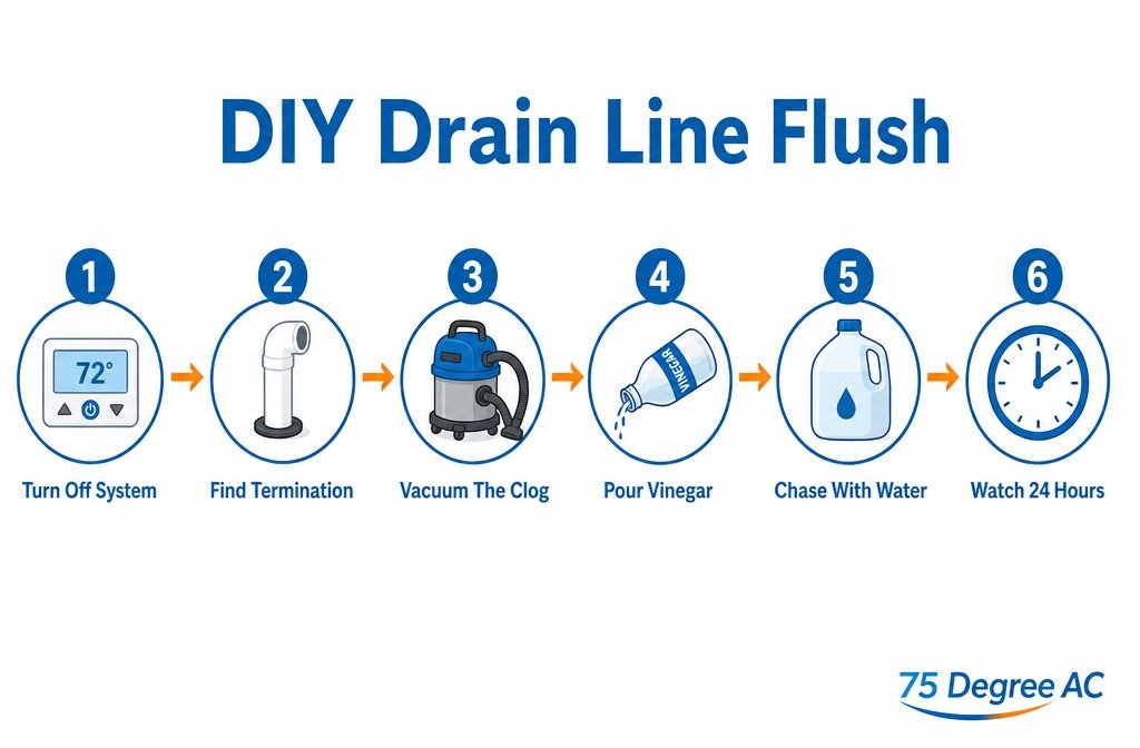 Step-by-step flow diagram showing how to unclog an AC condensate drain line with a wet dry vacuum and vinegar