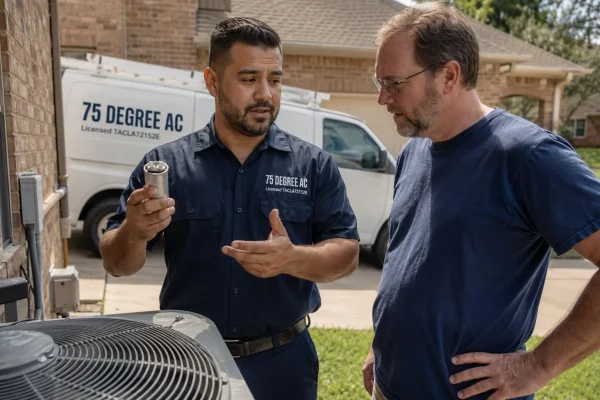 ac-repair-houston-technician-shows-failed-capacitor-homeowner