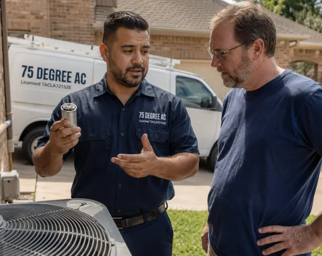 ac-repair-houston-technician-shows-failed-capacitor-homeowner