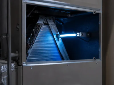 Installed HVAC ultraviolet lamp glowing blue near evaporator coils to evaluate are UV lights