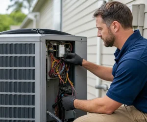 Can an AC Compressor Be Repaired? HVAC technician inspecting the wiring and components of an outdoor residential AC unit