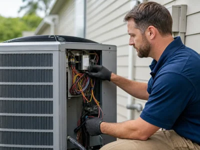 Can an AC Compressor Be Repaired? HVAC technician inspecting the wiring and components of an outdoor residential AC unit
