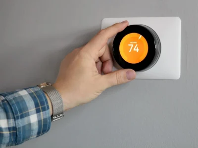 A man's hand adjusting a smart thermostat on a wall, illustrating the question: can nest thermostat replace heating and air conditioning?