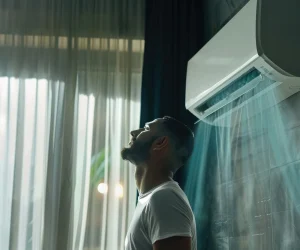 A man standing in front of a sleek wall-mounted split AC unit enjoying the cool breeze