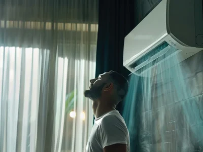 A man standing in front of a sleek wall-mounted split AC unit enjoying the cool breeze, illustrating the concept of how does air conditioning remove humidity and cool indoor air.