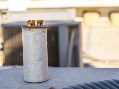 AC capacitor failure symptoms showing a corroded and deteriorated air conditioner capacitor