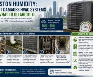 Infographic showing how Houston humidity causes HVAC corrosion, mold, electrical issues, and poor airflow, alongside prevention solutions.
