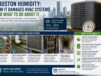 Infographic showing how Houston humidity causes HVAC corrosion, mold, electrical issues, and poor airflow, alongside prevention solutions.