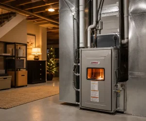 How Does a Furnace Work? A gas furnace glowing with flame sits in a home basement, connected to metal ductwork and vents.
