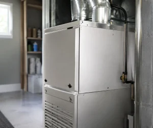 Modern residential heating unit installed in a home basement to illustrate how long does a furnace last.