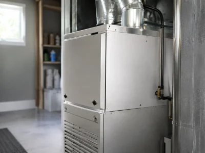 Modern residential heating unit installed in a home basement to illustrate how long does a furnace last.