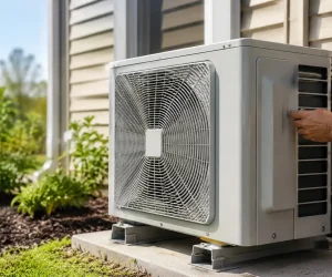 A technician performing maintenance on an outdoor condenser unit to check how many watts does a heat pump use.