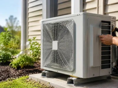 A technician performing maintenance on an outdoor condenser unit to check how many watts does a heat pump use.