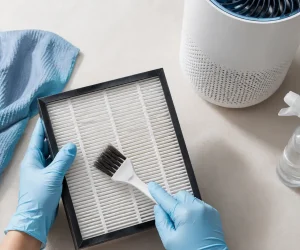 Person wearing blue gloves using a small brush to show how to clean a hepa filter.