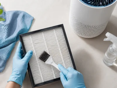 Person wearing blue gloves using a small brush to show how to clean a hepa filter.