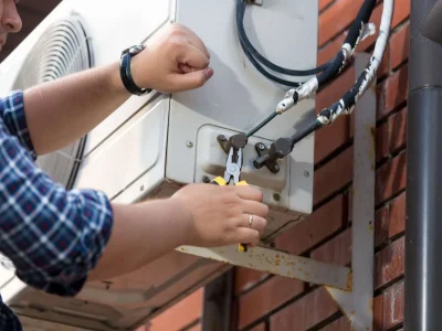 How to fix heating and air conditioning system with a technician repairing an outdoor AC condenser unit