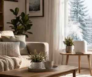 Humidifier emitting mist showing how to improve indoor air quality in winter.
