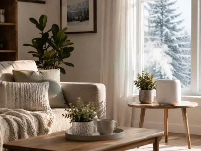 Humidifier emitting mist showing how to improve indoor air quality in winter.