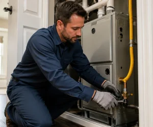 A professional technician in blue uniform wearing gloves and using a wrench to connect a gas line