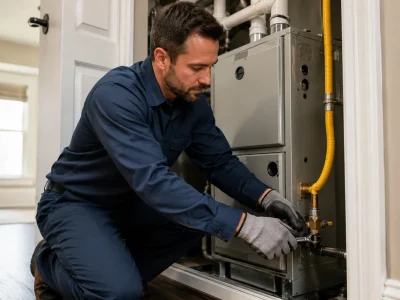 A professional technician in blue uniform wearing gloves and using a wrench to connect a gas line, demonstrating how to install a furnace in a residential utility closet.