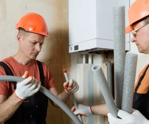 Two professional technicians in hardhats preparing pipe insulation during a guide on how to install