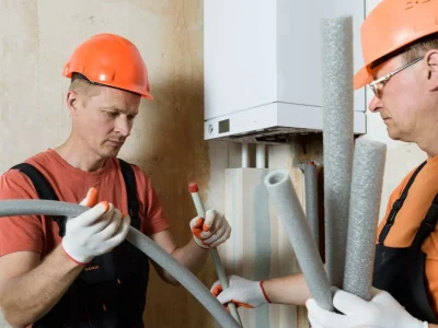 Two professional technicians in hardhats preparing pipe insulation during a guide on how to install a gas furnace.