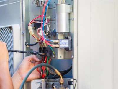 A technician carefully wiring complex electrical components and terminal blocks, demonstrating an important step in how to install electric furnace systems safely.